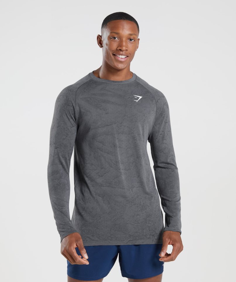 Men\'s Gymshark Geo Seamless Long Sleeve T-Shirts Grey | NZ 5XAYSN